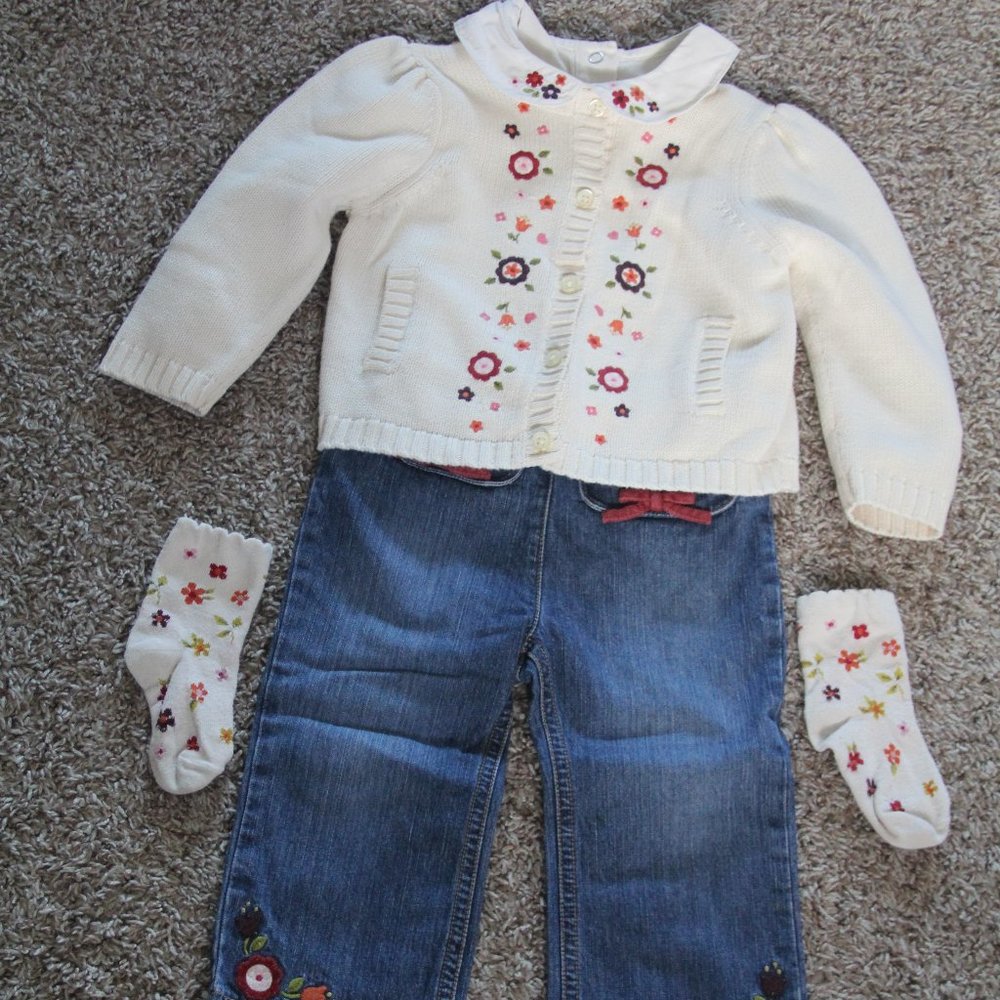 Gymboree Girls (4 Piece) 18-24 Months Fall Flowers Sweater Outfit w/ Jeans -Used